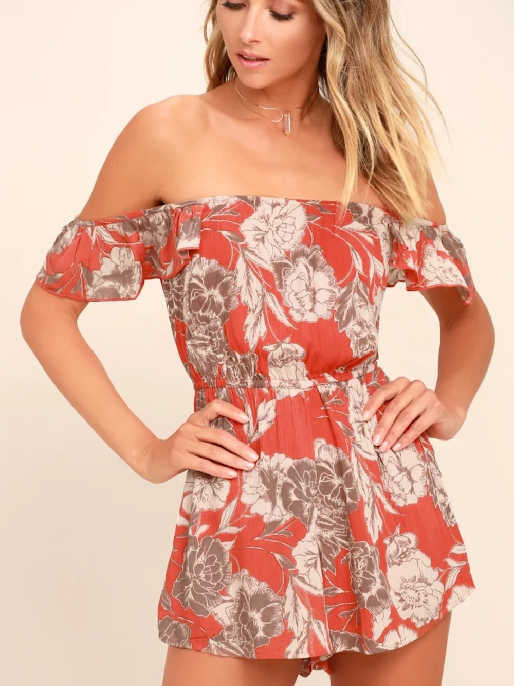 Off-Shoulder Floral Romper- Amuse Society